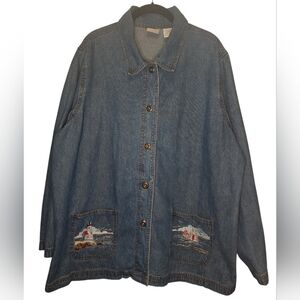BLAIR Vintage Nautical Lighthouse Embroidered Denim Jacket Size XL